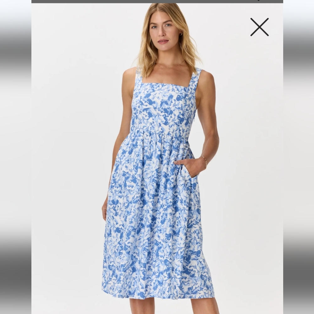 Quince Blue and White Floral Midi Dress